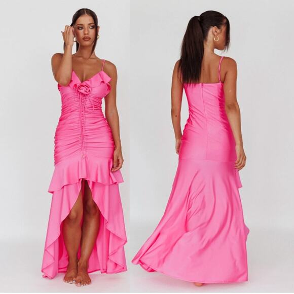 Selfie Leslie Rosalia Pink Ruched Ruffle Maxi Dress - Picture 1 of 8
